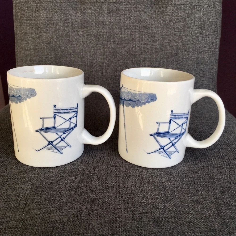 Set/2 Coastal Beach Chair Scene Coffee Mugs, White, Blue, 11 oz